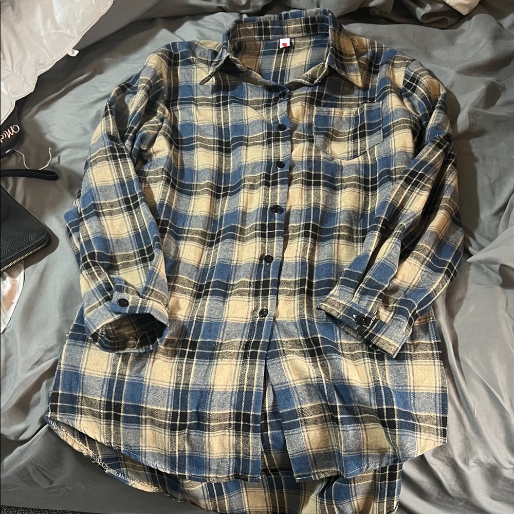 Blue and Tan Plaid Button-Up Shirt
